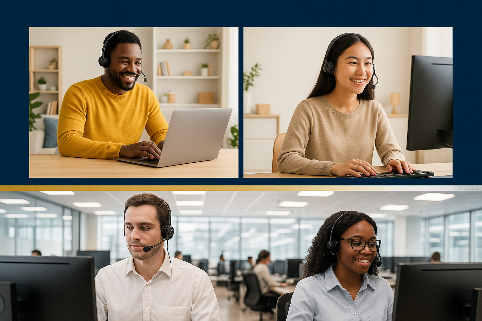 Remote and in-office customer support agents collaborating via CCaaS. African-American man and Asian woman work from home, while a white male and Black female assist clients in a modern contact center.