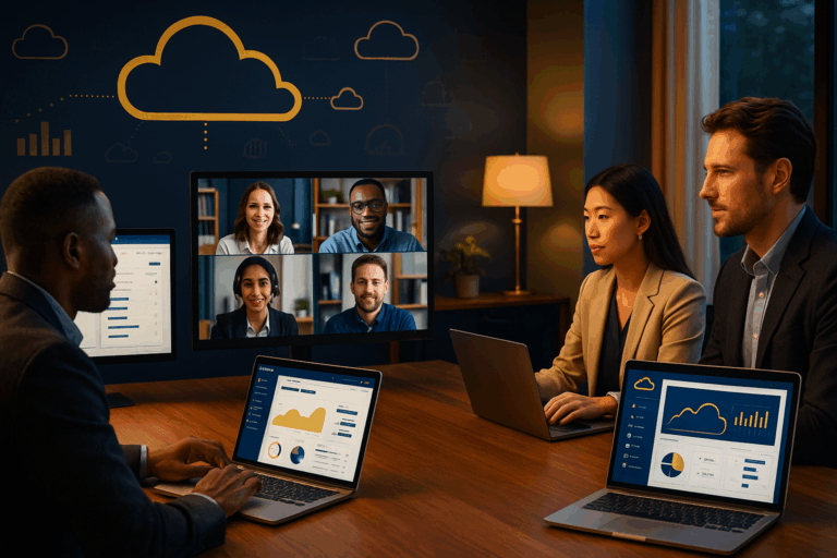 Remote team collaborating across screens in a digital cloud workspace with live dashboards and video conferencing.