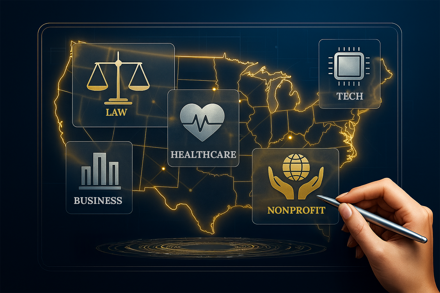 Interface-style icons representing law, healthcare, nonprofits, and business, connected across a digital US map